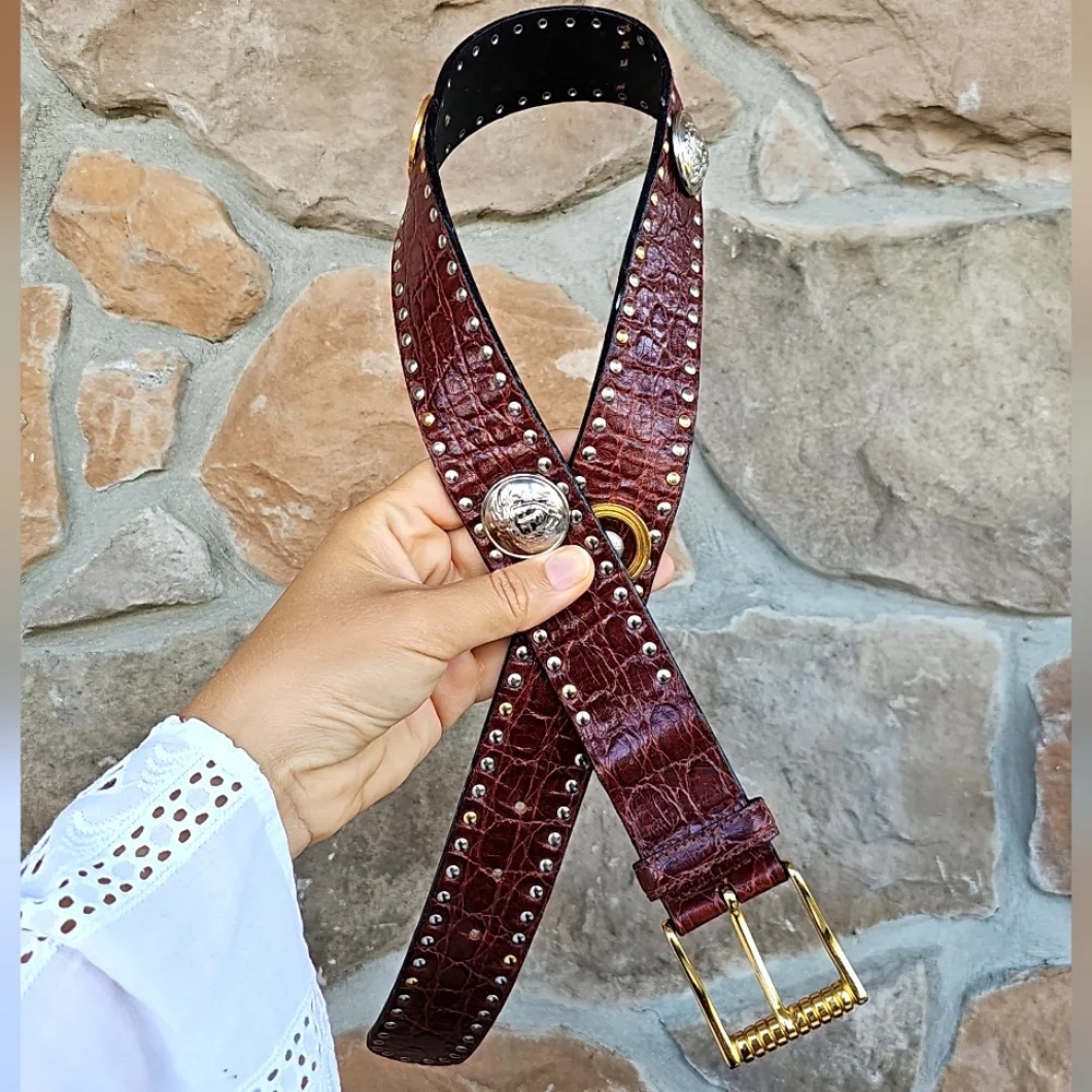 ✨ Vintage Gianni Versace Medusa Studded Leather Belt Brown Croc, Gold & Silver